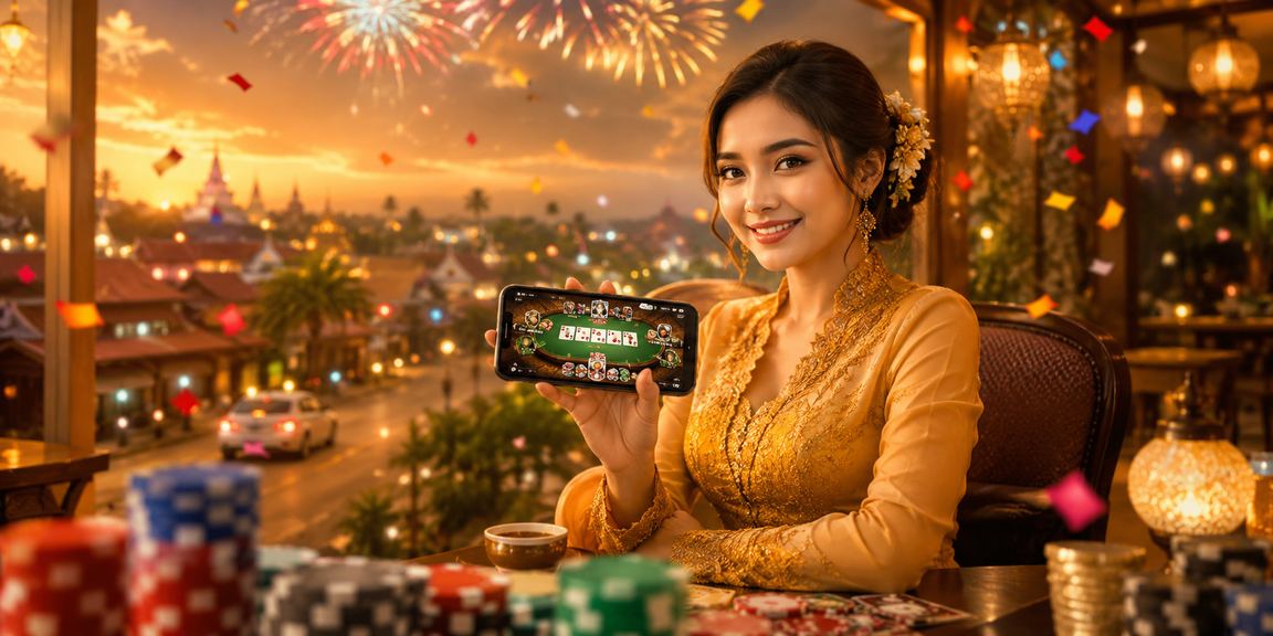 Permainan kad poker dengan latar belakang kebaya Malaysia menggambarkan suasana hiburan tempatan